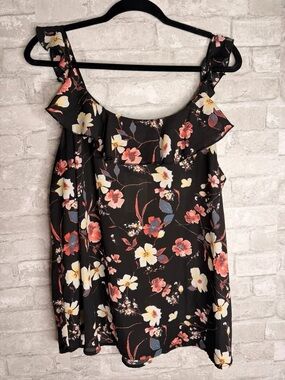 Maurices Black Floral Ruffle Camisole with Pink & Cream Blooms